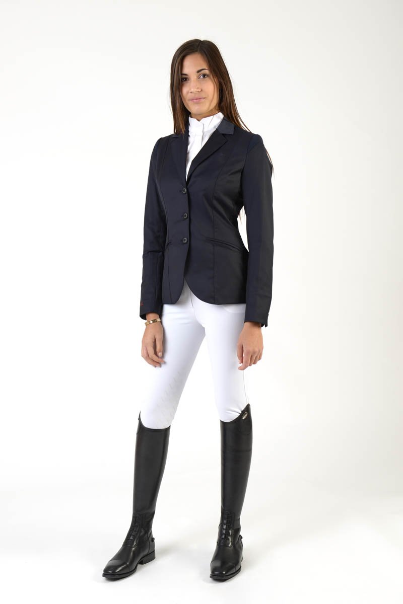 Ladies jacket | lady jacket | free movement system | comfort of movement | Makebe | clothing | equestrian | riding jacket | elegance | made in Italy | model TIFFANY | wool | insert in technical fabric | black |