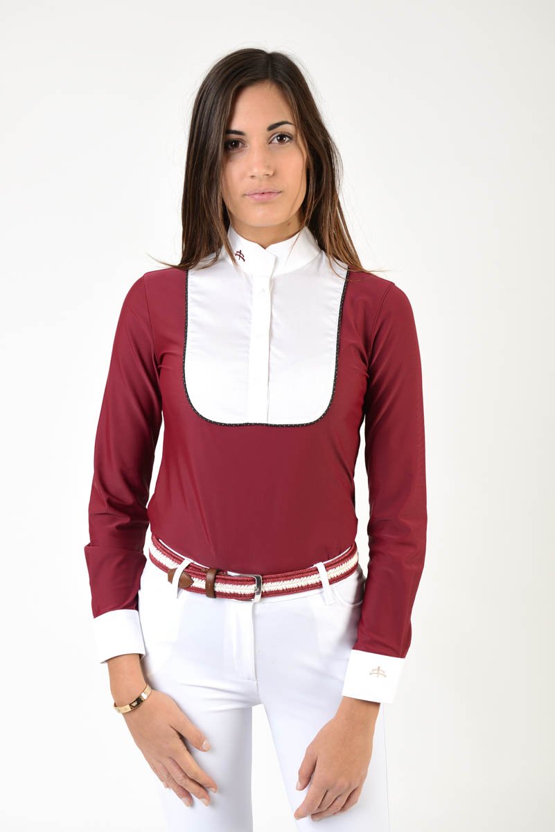Ladies long sleeve polo shirt | lady long sleeve polo shirt | cotton | long sleeves polo shirt | long sleeves shirt | model ANGEL | long sleeves riding polo | lady polo | lady riding shirt | riding shirt | ladies riding shirt | comfort of movement | Makebe | clothing | equestrian | riding | technical material | made in Italy | elegance | red |