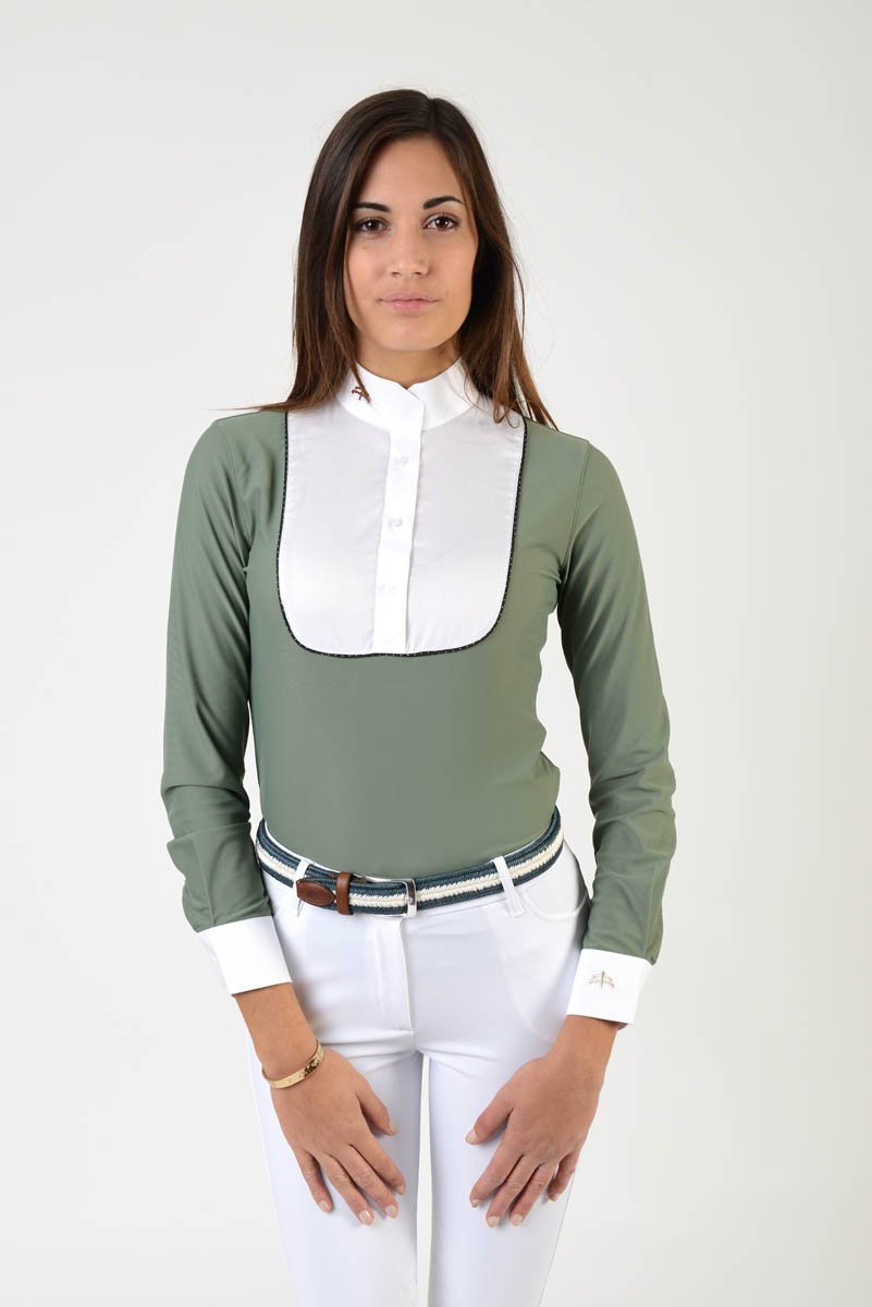 Ladies long sleeve polo shirt | lady long sleeve polo shirt | cotton | long sleeves polo shirt | long sleeves shirt | model ANGEL | long sleeves riding polo | lady polo | lady riding shirt | riding shirt | ladies riding shirt | comfort of movement | Makebe | clothing | equestrian | riding | technical material | made in Italy | elegance | grey |