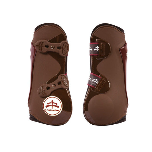tendon boots | ship skin | tendon boots protection | Makebe | Horse accessories | Technical | riding accessories | equestrian | tendons protection | riding | lycra edging | avoid sores | breathable | neoprene | TPU | protection | ventilation | triple adjustement | elastic straps | central insert interchangeable | brown |