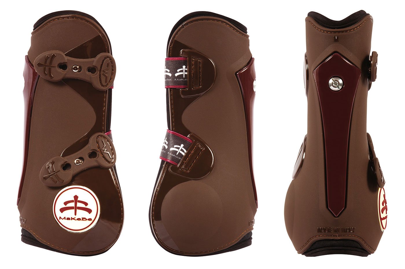 tendon boots | ship skin | tendon boots protection | Makebe | Horse accessories | Technical | riding accessories | equestrian | tendons protection | riding | lycra edging | avoid sores | breathable | neoprene | TPU | protection | ventilation | triple adjustement | elastic straps | central insert interchangeable | chocolate | brown |